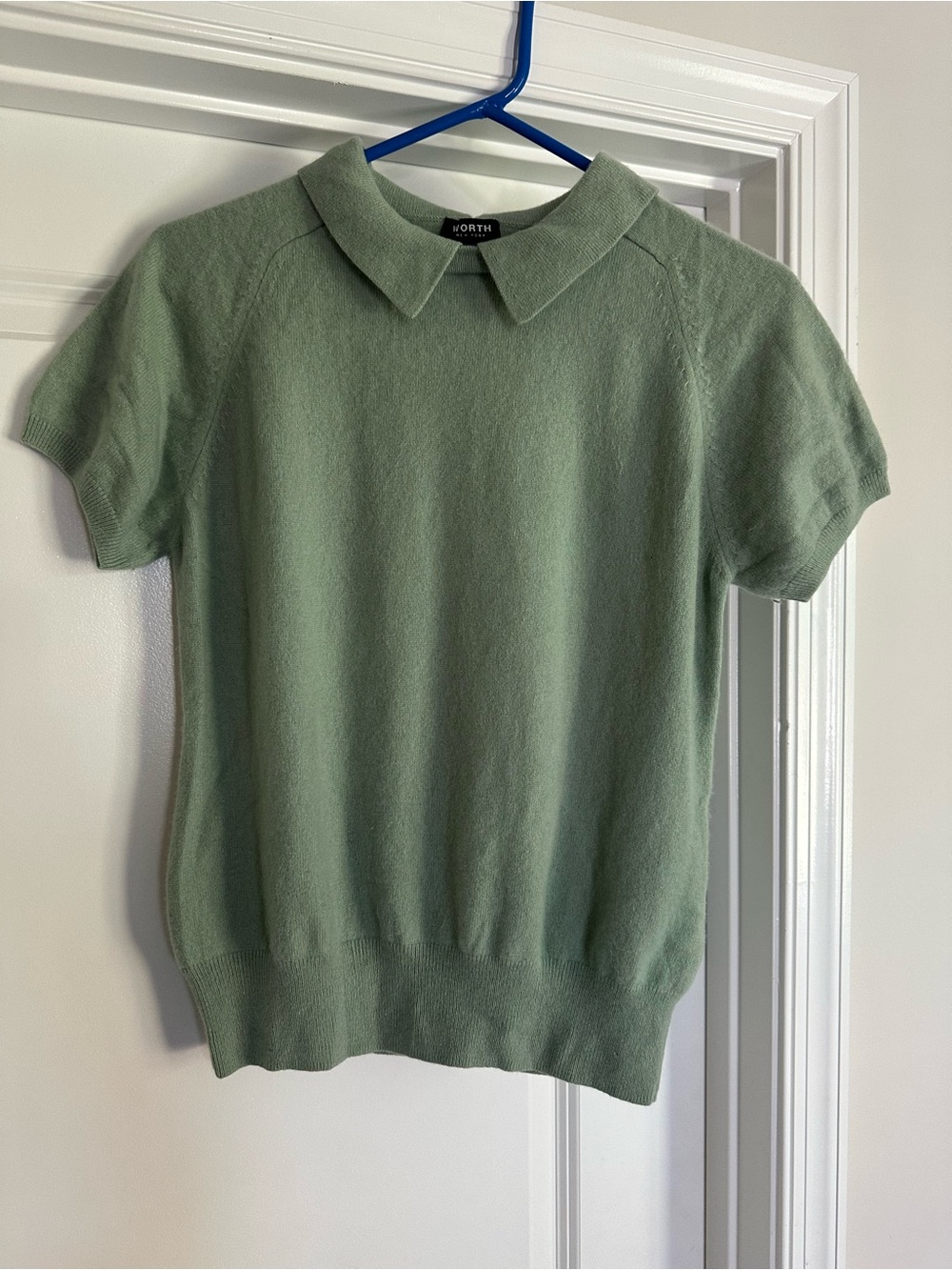 Worth New York Short-Sleeve Cashmere Collared Sweater in Sage Green